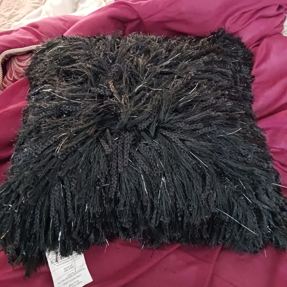 Luxurious Black Shaggy Throw Pillow